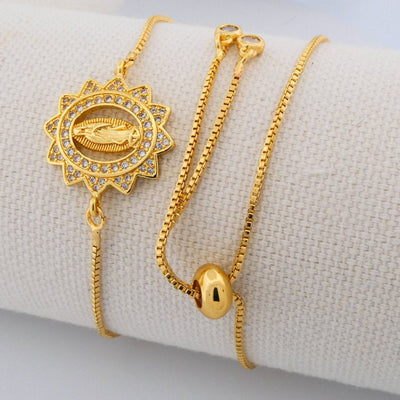Gold-Plated Guadalupe Adjustable Bracelet w/ White Zirconia - Guadalupe Gifts