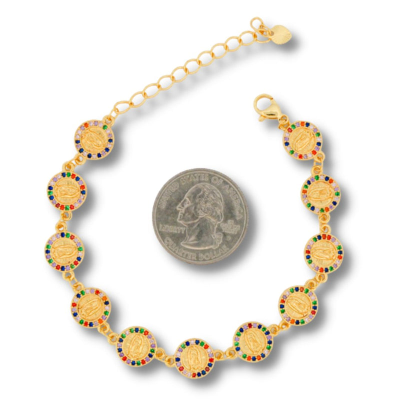 Gold-Plated Guadalupe Coin Bracelet w/ Multicolor Crystals - Guadalupe Gifts