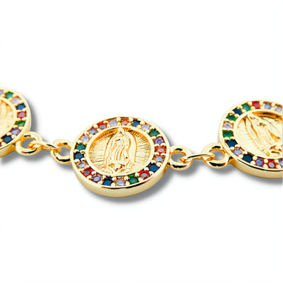 Gold-Plated Guadalupe Coin Bracelet w/ Multicolor Crystals - Guadalupe Gifts