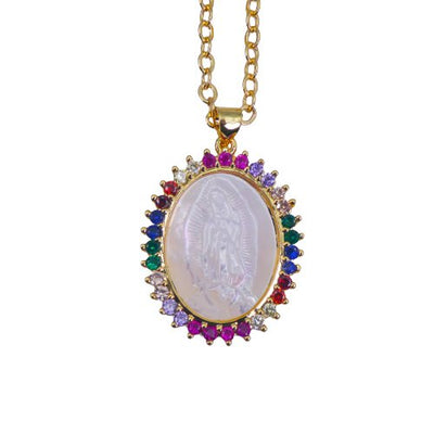 Gold-Plated Guadalupe Colorful Necklace w/ Mother of Pearl - Guadalupe Gifts