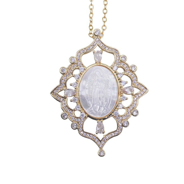 Gold-Plated Guadalupe Crystal Necklace w/ Mother of Pearl - Guadalupe Gifts