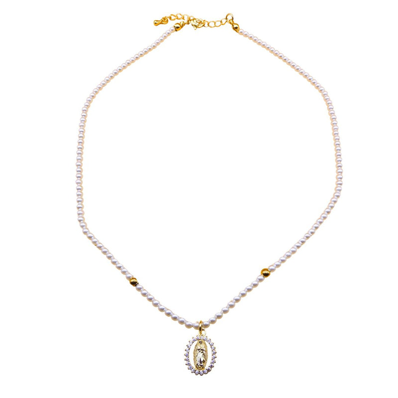 Gold-Plated Guadalupe Pendant Freshwater Pearl Bead Necklace - Guadalupe Gifts