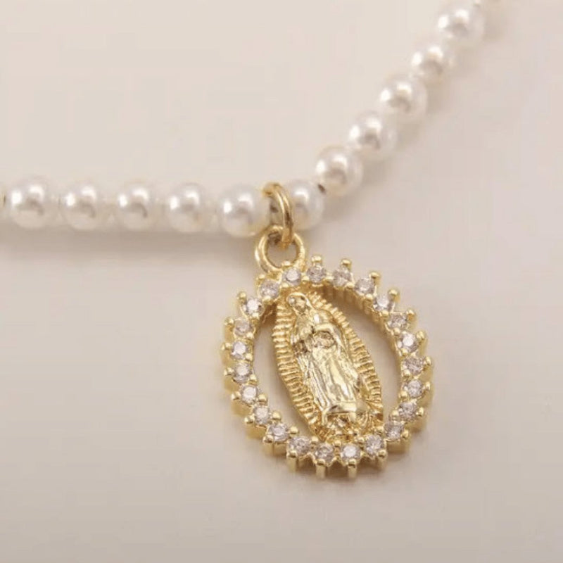 Gold-Plated Guadalupe Pendant Freshwater Pearl Bead Necklace - Guadalupe Gifts