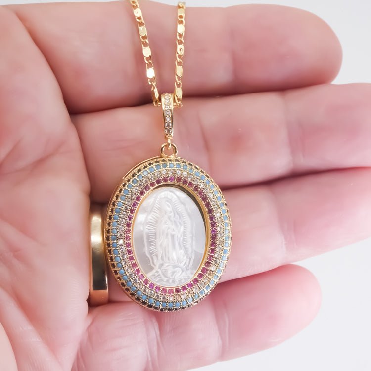 Gold-Plated Guadalupe Radiant Necklace w/ Mother of Pearl - Guadalupe Gifts