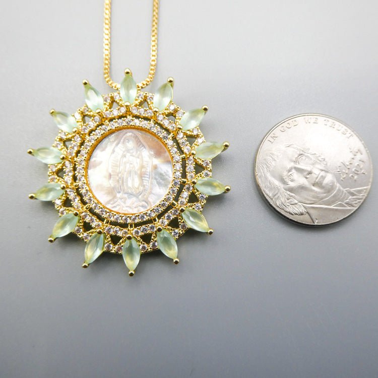 Gold-Plated Guadalupe Round Light-Green Necklace w/ Mother of Pearl - Guadalupe Gifts