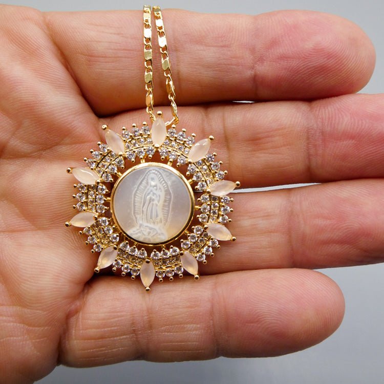 Gold-Plated Guadalupe Round Pink Necklace w/ Mother of Pearl - Guadalupe Gifts