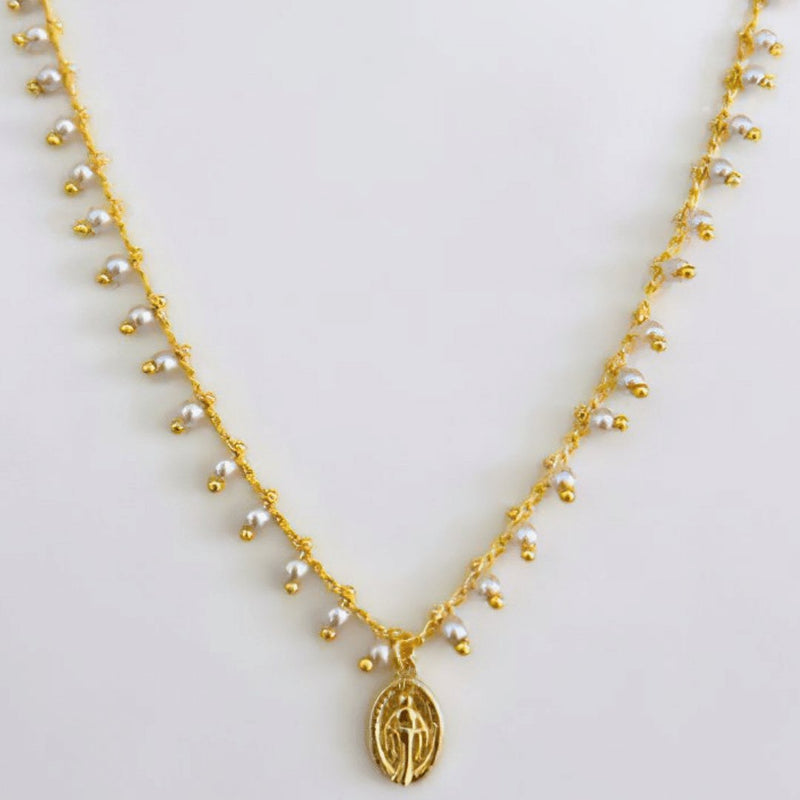 Gold-Plated Miraculous Medal Mini-Pearl Beaded Necklace 18-inch - Guadalupe Gifts
