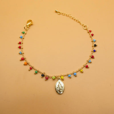 Gold-plated Miraculous Medal Multicolored Bead Bracelet 7"+ 2.5" - Guadalupe Gifts