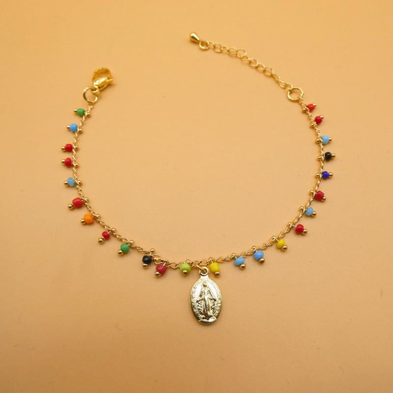 Gold-plated Miraculous Medal Multicolored Bead Bracelet 7"+ 2.5" - Guadalupe Gifts