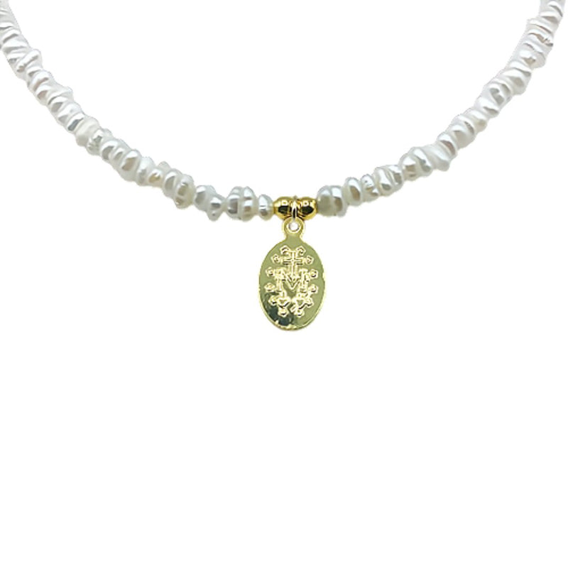 Gold-Plated Miraculous Medal Necklace w/ Freshwater Pearls - Guadalupe Gifts