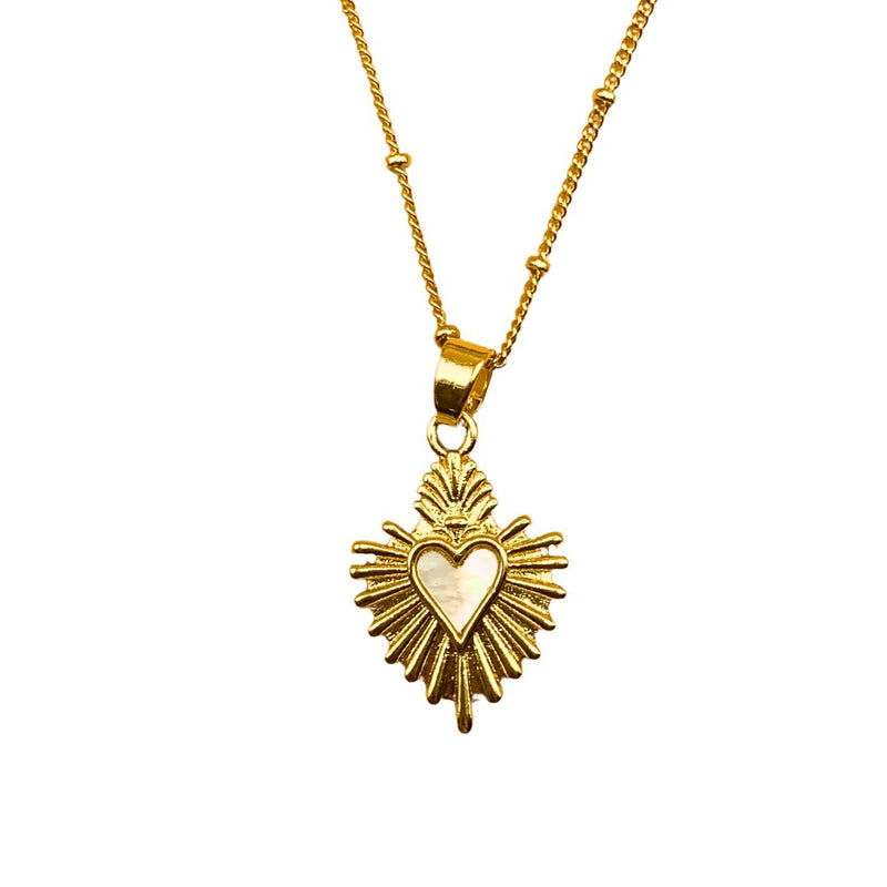 Gold-Plated Mother of Pearl Sacred Heart Pendant Necklace 18-inch - Guadalupe Gifts