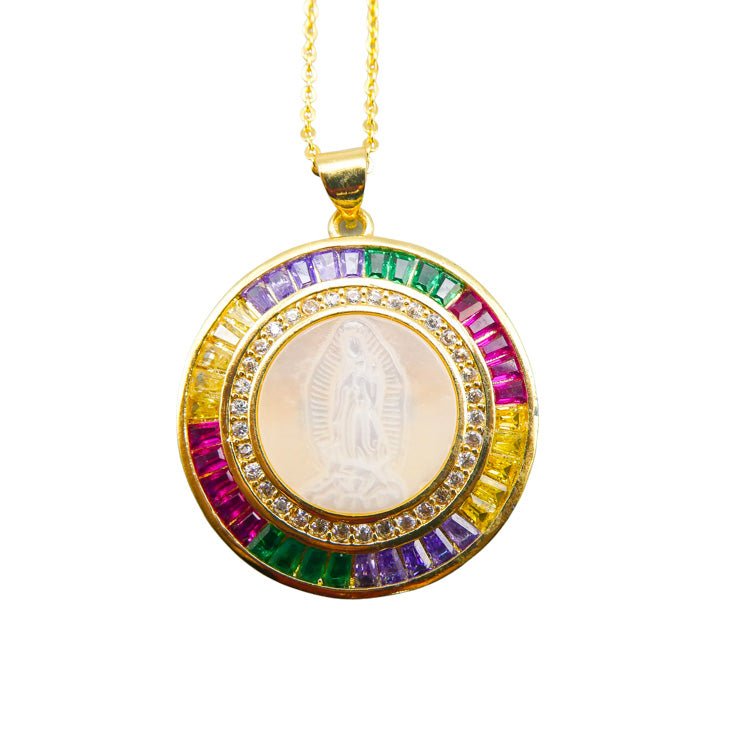 Gold-Plated Multicolor Round Our Lady of Guadalupe Necklace w/ Mother of Pear - Guadalupe Gifts