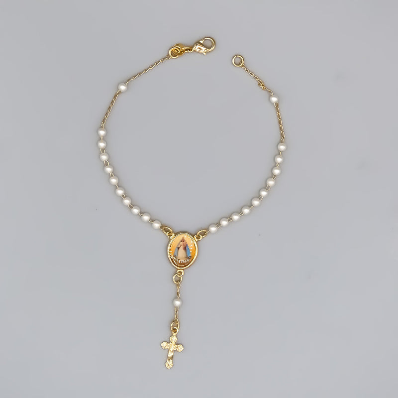 Gold-Plated Our Lady of Charity Rosary Bracelet w/ Pearls - Guadalupe Gifts