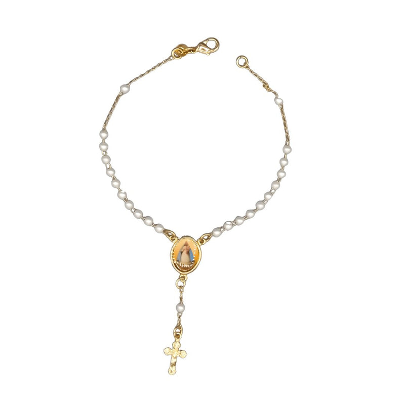 Gold-Plated Our Lady of Charity Rosary Bracelet w/ Pearls - Guadalupe Gifts