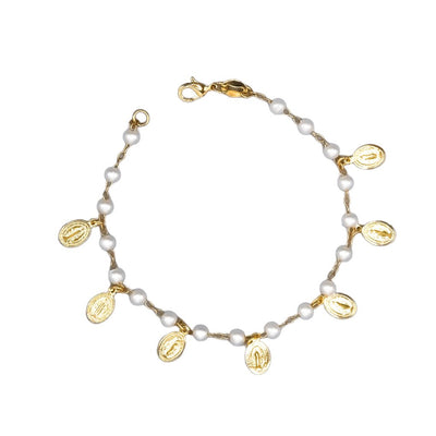 Gold-Plated Our Lady of Grace Bracelet w/ Simulated Pearls - Guadalupe Gifts