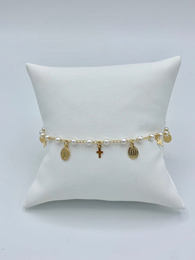 Gold-Plated Our Lady of Grace & Cross Charms Bracelet w/ Simulated Pearls - Guadalupe Gifts