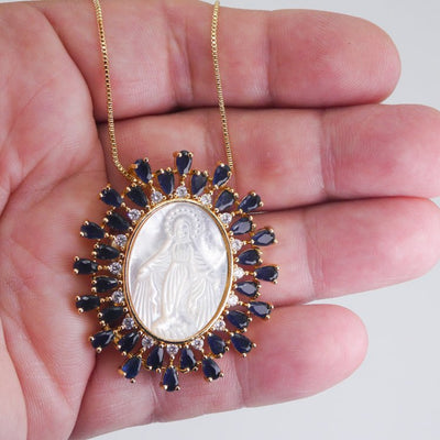 Gold-Plated Our Lady of Grace Mother of Pearl & Blue Crystal Necklace - Guadalupe Gifts