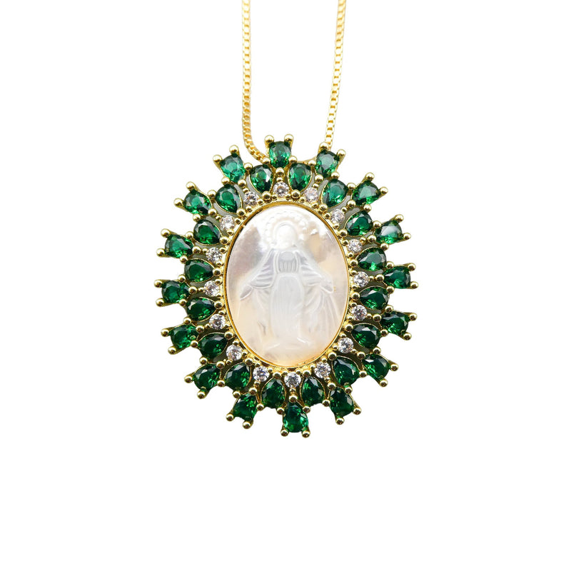 Gold-Plated Our Lady of Grace Mother of Pearl & Crysta Geen Necklace - Guadalupe Gifts