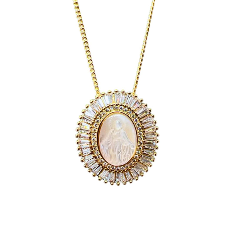 Gold-Plated Our Lady of Grace Mother of Pearl Crystal Necklace 20-inch - Guadalupe Gifts