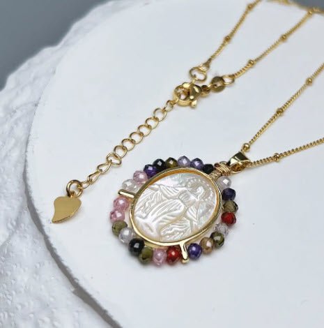 Gold-Plated Our Lady of Grace Mother of Pearl & Multicolor Zircon Necklace 18-inch - Guadalupe Gifts