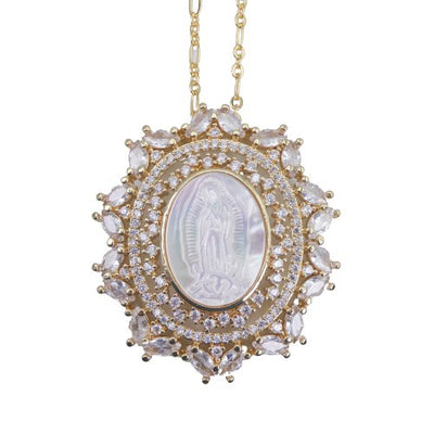 Gold-Plated Our Lady of Guadalupe Delicate Oval Necklace w/ Mother of Pearl - Guadalupe Gifts