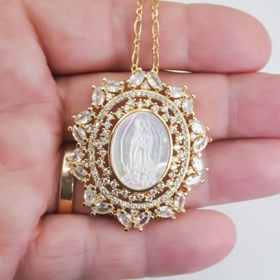 Gold-Plated Our Lady of Guadalupe Delicate Oval Necklace w/ Mother of Pearl - Guadalupe Gifts