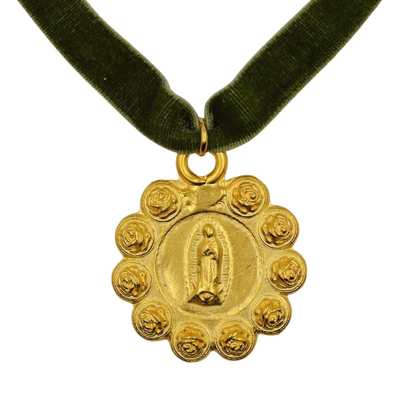 Gold-Plated Our Lady of Guadalupe Ornate Velvet Necklace - Guadalupe Gifts