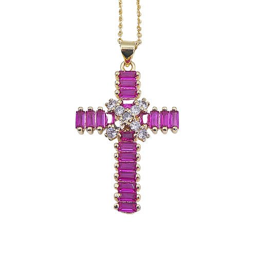 Gold-Plated Pink Zirconia Cross Necklace - Guadalupe Gifts