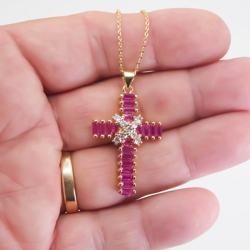 Gold-Plated Pink Zirconia Cross Necklace - Guadalupe Gifts
