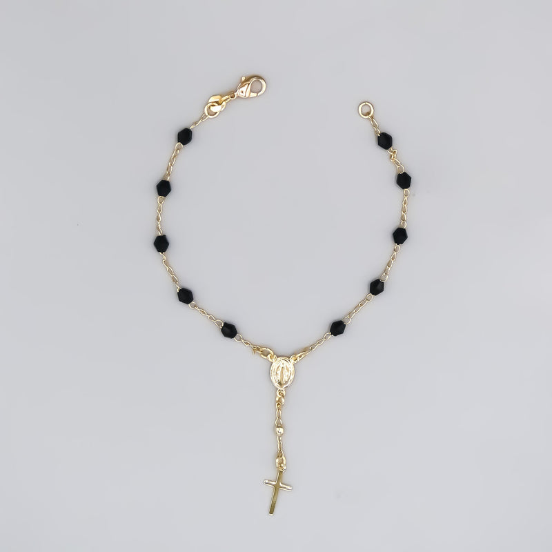 Gold-Plated Rosary Bracelet with Black Crystals and a Miraculous Medal - Guadalupe Gifts