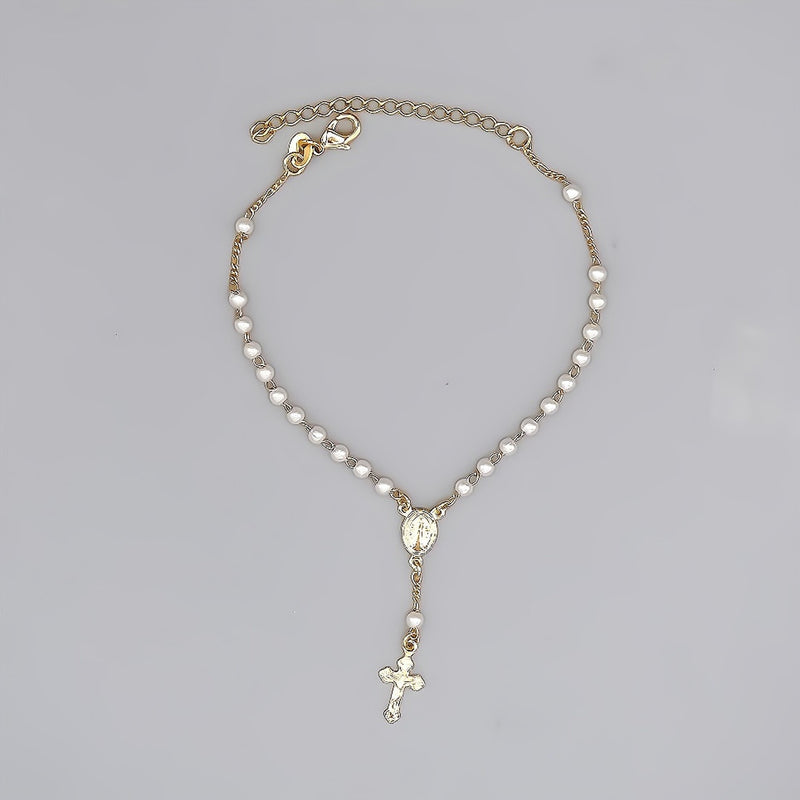 Gold-Plated Rosary Bracelet with Pearls and Virgin Mary Charm - Guadalupe Gifts