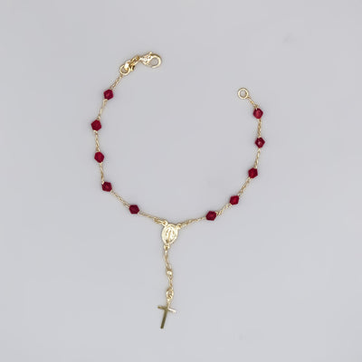 Gold-Plated Rosary Bracelet with Red Crystals and a Miraculous Medal - Guadalupe Gifts