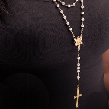 Gold-Plated Rosary Necklace with Simulated Pearls - Guadalupe Gifts