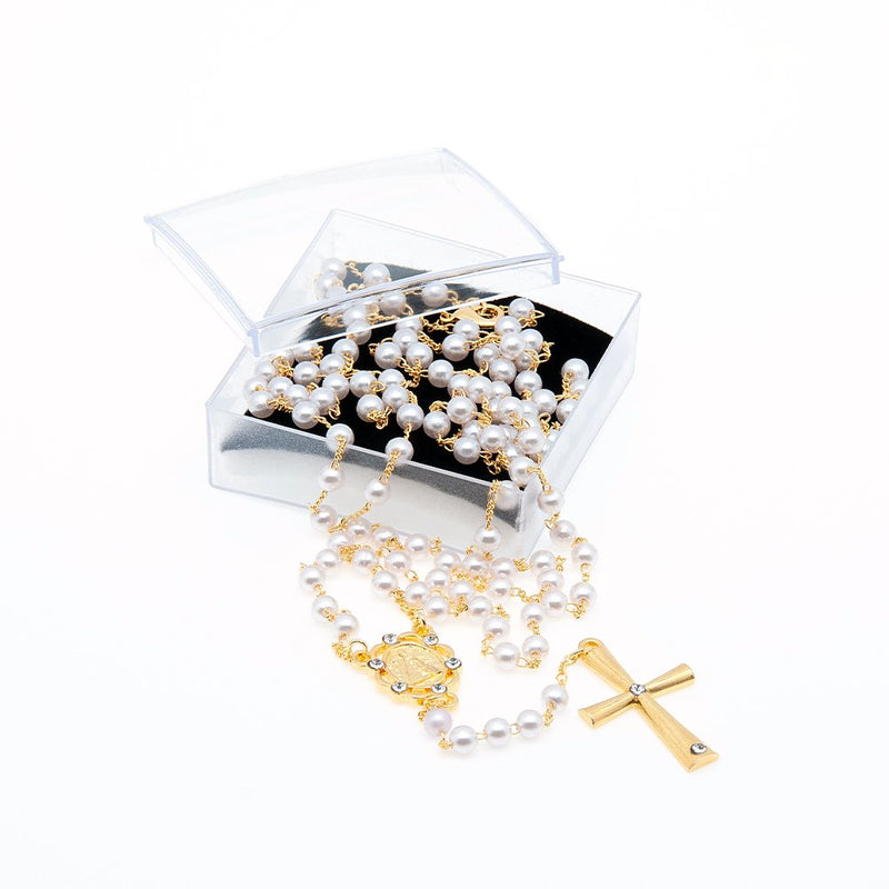 Gold-Plated Rosary Necklace with Simulated Pearls - Guadalupe Gifts