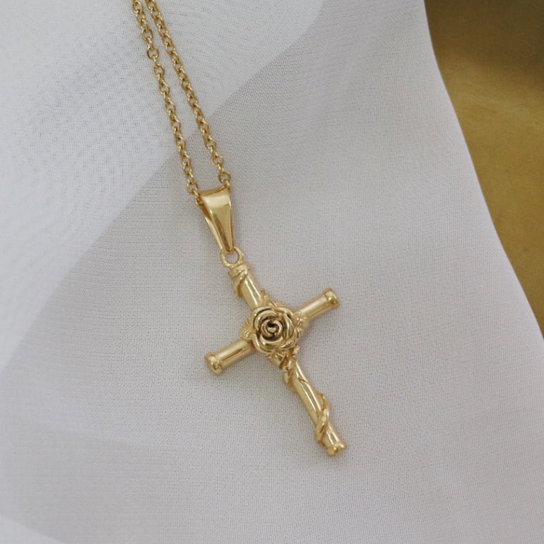 Gold-Plated Rose Cross Pendant - Guadalupe Gifts