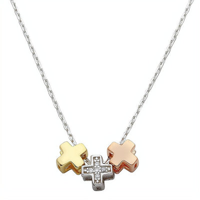 Gold-Plated Silver 3-Tone Cross Charm Necklace - Guadalupe Gifts