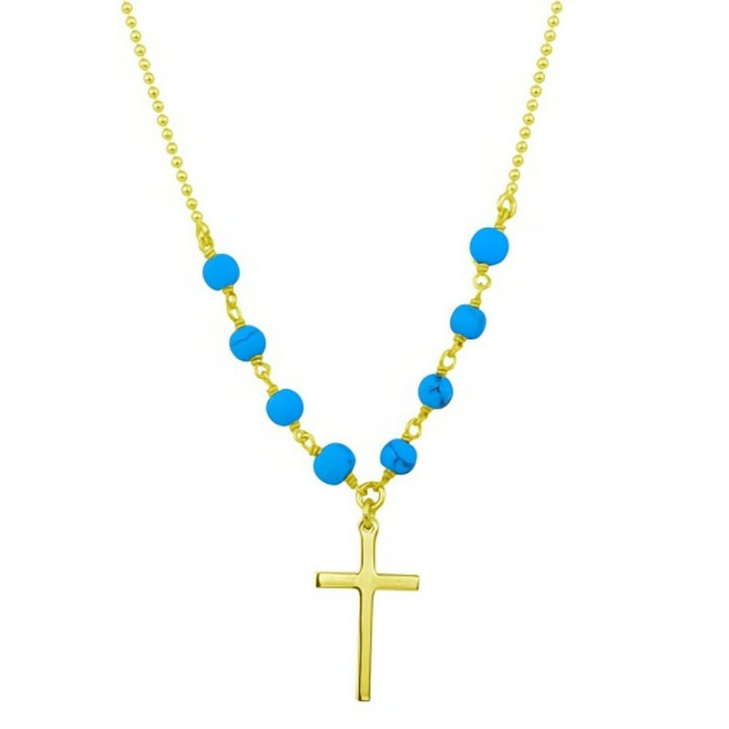 Gold-Plated Silver Cross Necklace w/ Turquoise Beads - Guadalupe Gifts