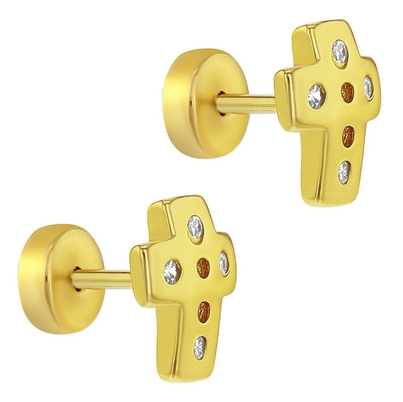 Gold-Plated Silver Cross Safety Push-Back Earrings w/ Zirconias - Guadalupe Gifts