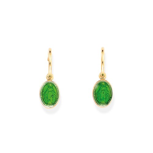 Gold-Plated Silver Madonna Earrings w/ Green Enamel - Guadalupe Gifts