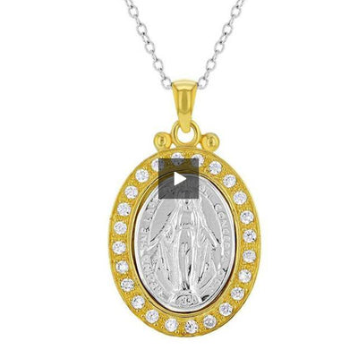 Gold-Plated Silver Two Tone Necklace with Virgin Mary Medal and Cubic Zirconia - Guadalupe Gifts