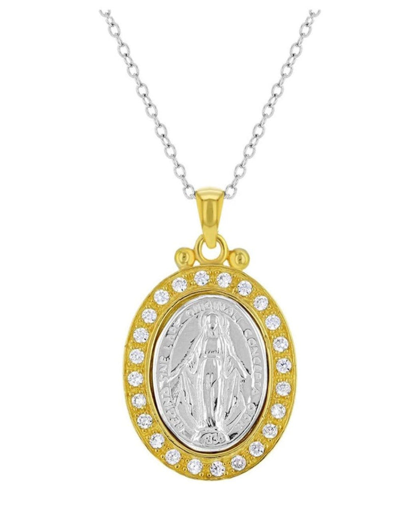 Gold-Plated Silver Two Tone Necklace with Virgin Mary Medal and Cubic Zirconia - Guadalupe Gifts