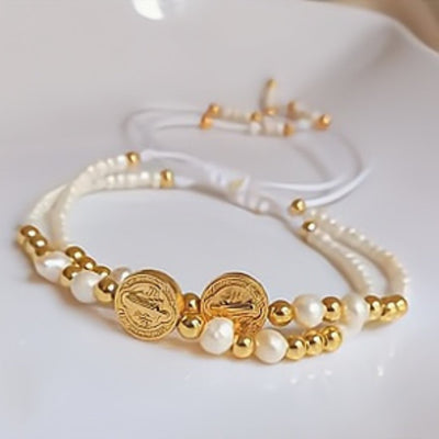 Gold-Plated St Benedict Fresh Water Pearls Bracelet - Guadalupe Gifts