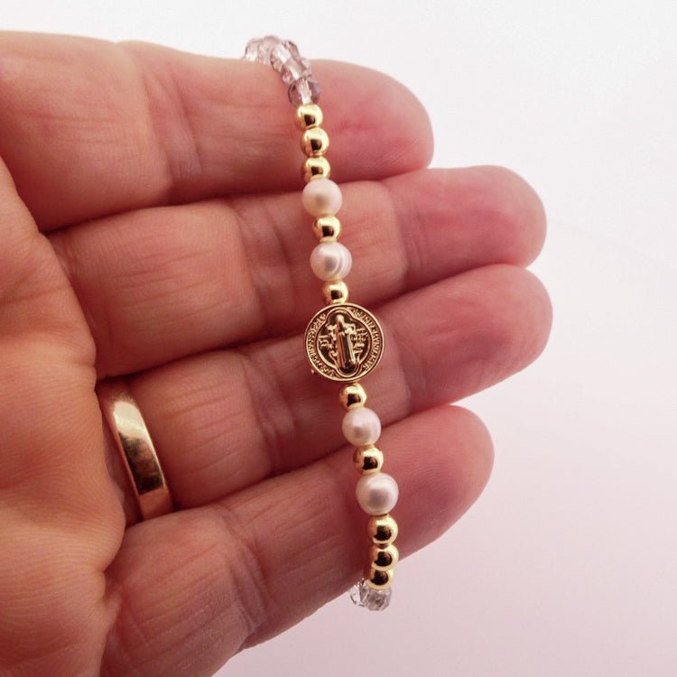 Gold-Plated St Benedict Medal Gray Crystal Bracelet - Guadalupe Gifts