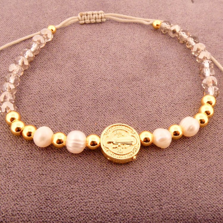 Gold-Plated St Benedict Medal Gray Crystal Bracelet - Guadalupe Gifts