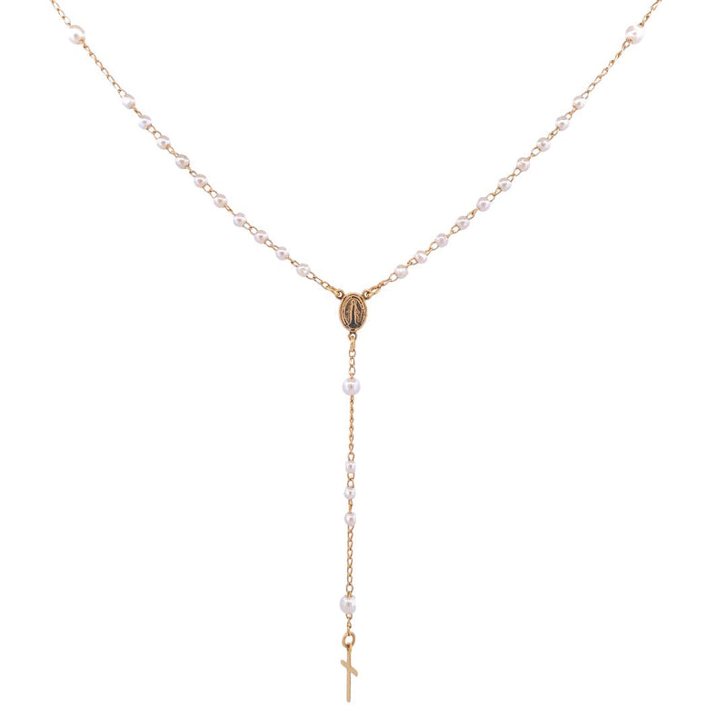 Gold-Plated Tiny Bead Pearl Our Lady of Grace Necklace 18-inch - Guadalupe Gifts
