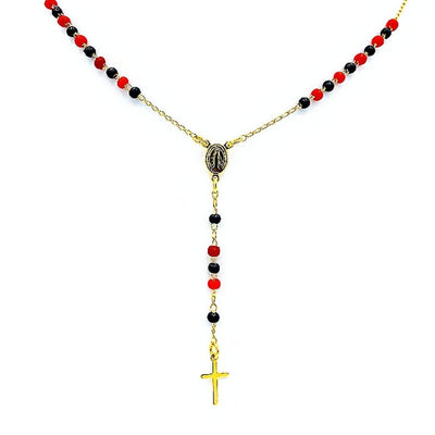 Gold-Plated Tiny Black & Red Beads Our Lady of Grace Necklace 16-inch - Guadalupe Gifts