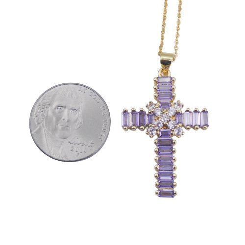 Gold-Plated Violet Zirconia Cross Necklace - Guadalupe Gifts
