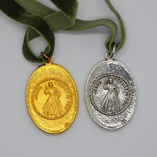 Gold-Plated Virgin Mary and Divine Mercy Velvet Necklace - Guadalupe Gifts