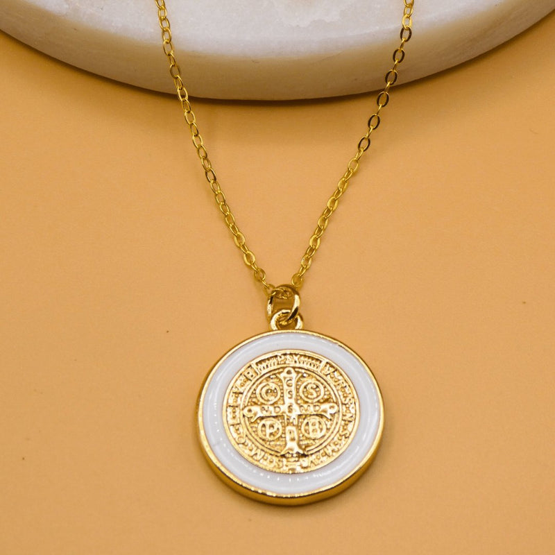Gold-Plated White Enamel St Benedict Medal Necklace - Guadalupe Gifts