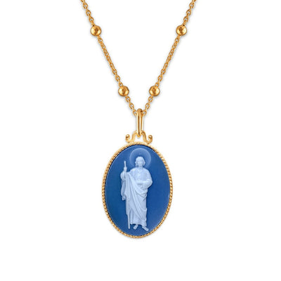Gold Vermeil Blue Agate San Judas Tadeo 18" - Guadalupe Gifts